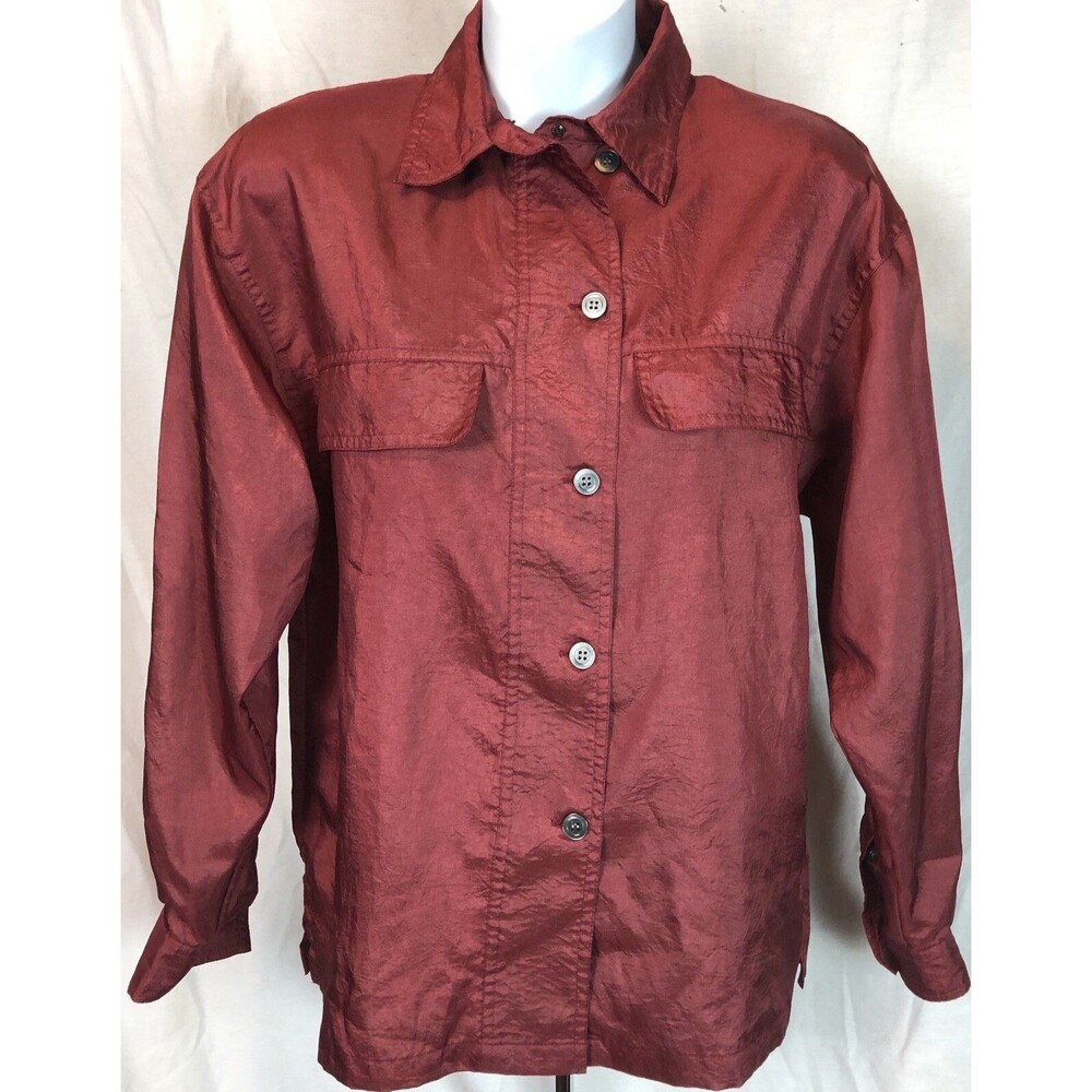 Vintage Josephine Silky Blouse 6 Rust Roll Tab LongSleeve Button Front Pockets